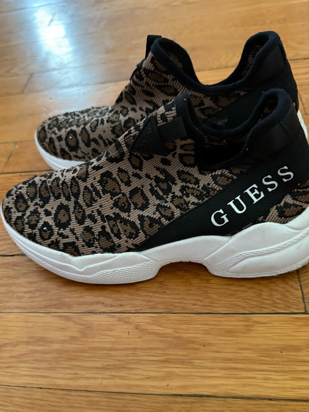 GUESS Leopard Knit Slip-On Sneakers in Brown, Black & White